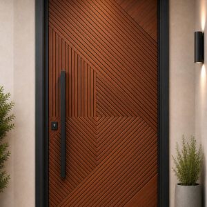 Contemporary engineered entrance door with geometric diagonal fluted panels, warm wood finish, matte-black frame, long black pull handle and compact lock detail.