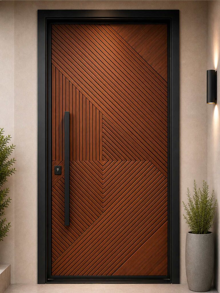 Contemporary engineered entrance door with geometric diagonal fluted panels, warm wood finish, matte-black frame, long black pull handle and compact lock detail.