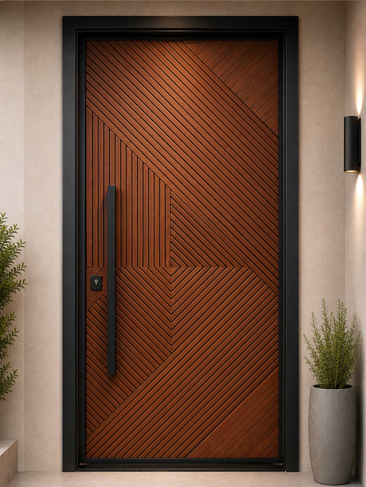 Contemporary engineered entrance door with geometric diagonal fluted panels, warm wood finish, matte-black frame, long black pull handle and compact lock detail.