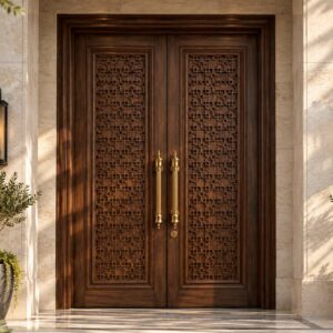 Luxury double-leaf solid wood entrance door with geometric carved panels, polished brass handles and a round lock, set within a light stone exterior.