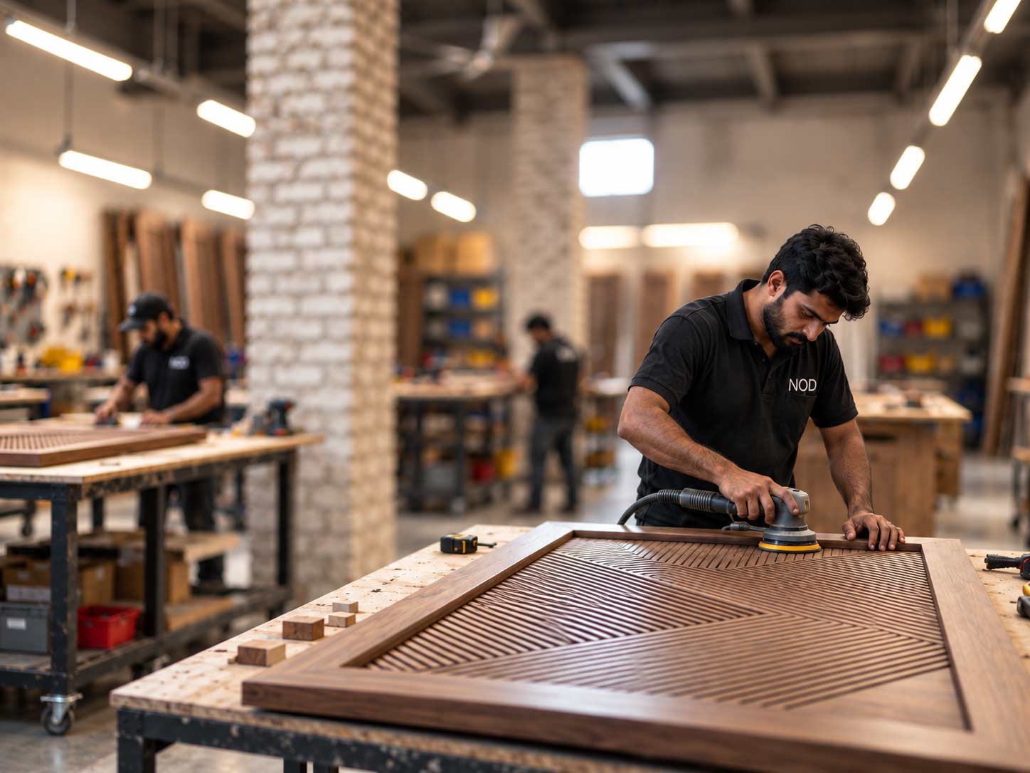 A NOD Studio craftsman sands a geometric walnut door panel on a large worktable inside a bright workshop, while other team members and workstations appear softly blurred in the background.