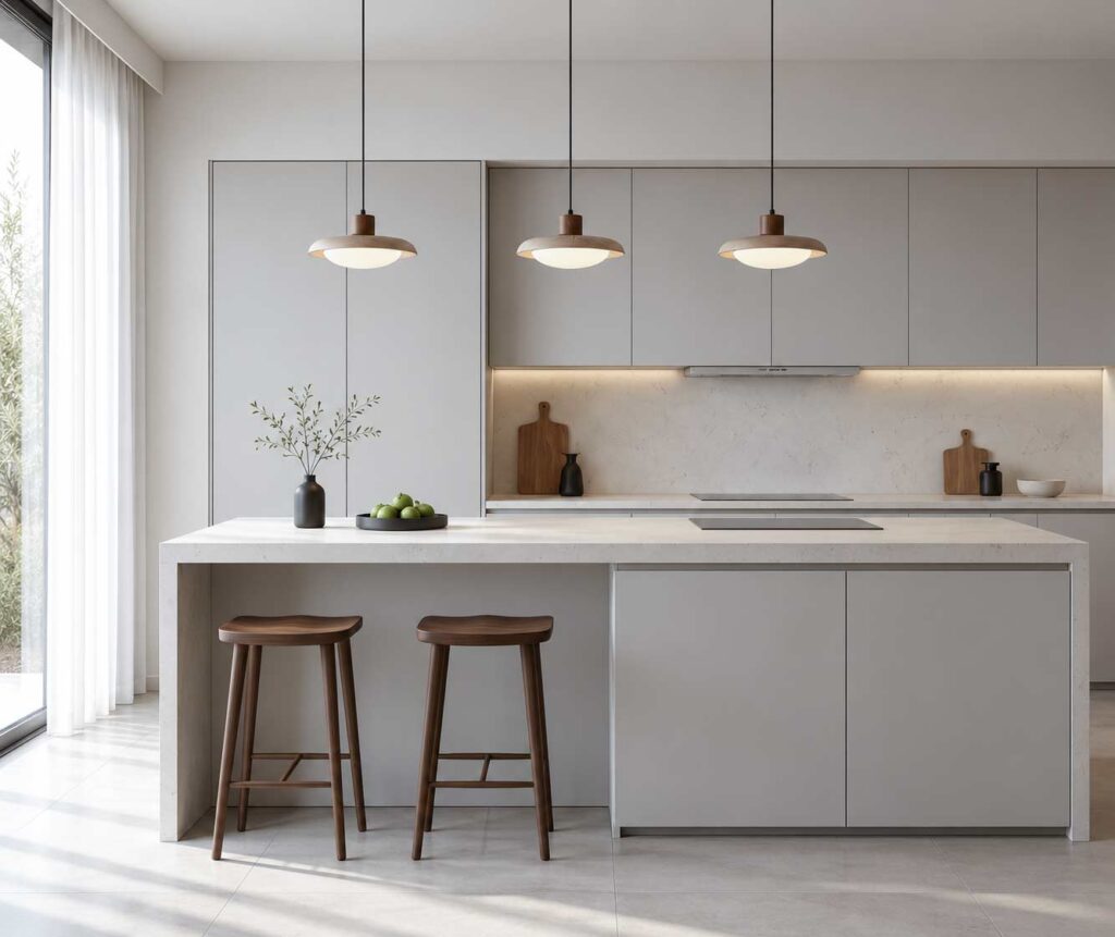 Warm-Minimalist-Kitchen-with-Pendant-Lights