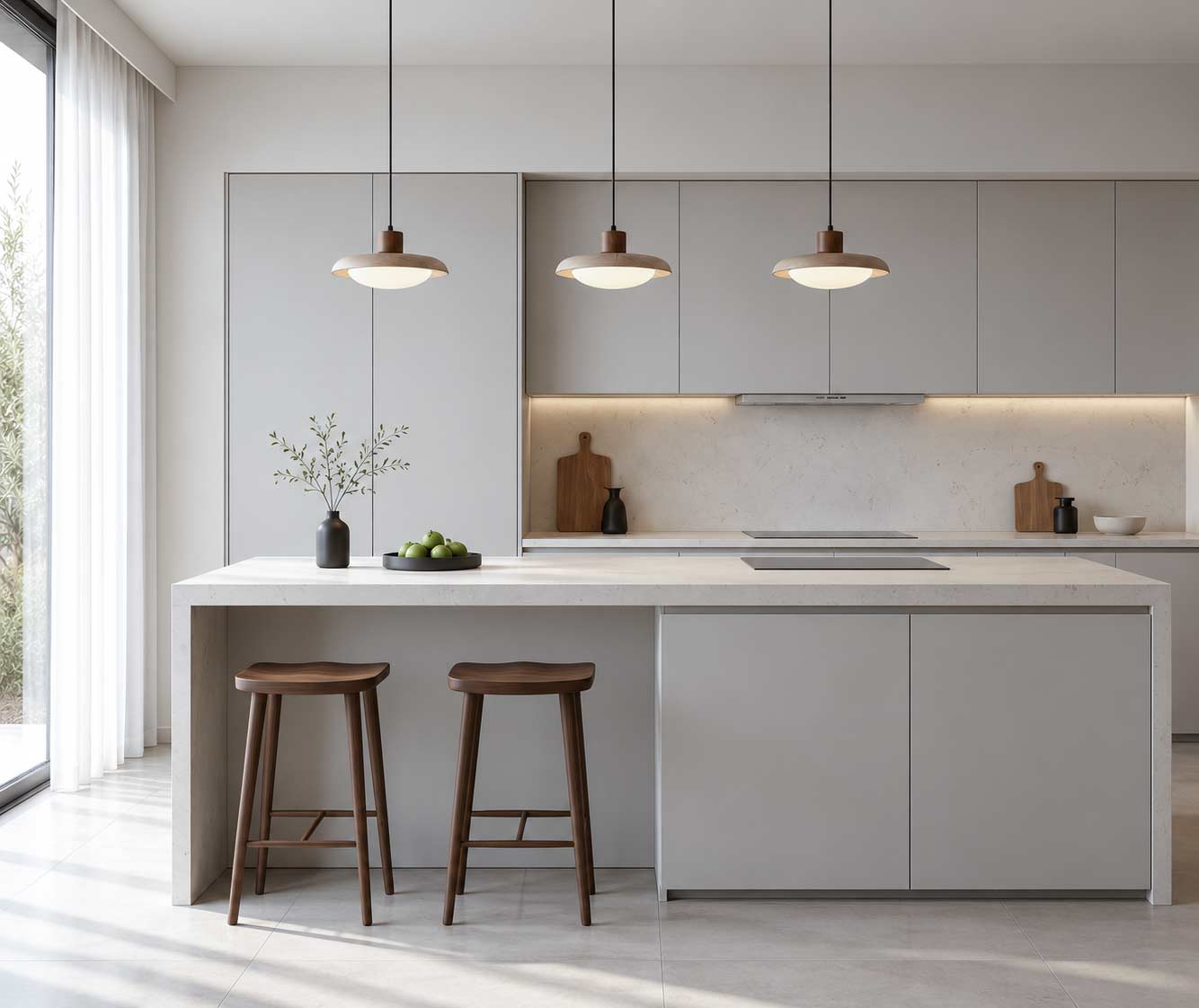 Warm-Minimalist-Kitchen-with-Pendant-Lights